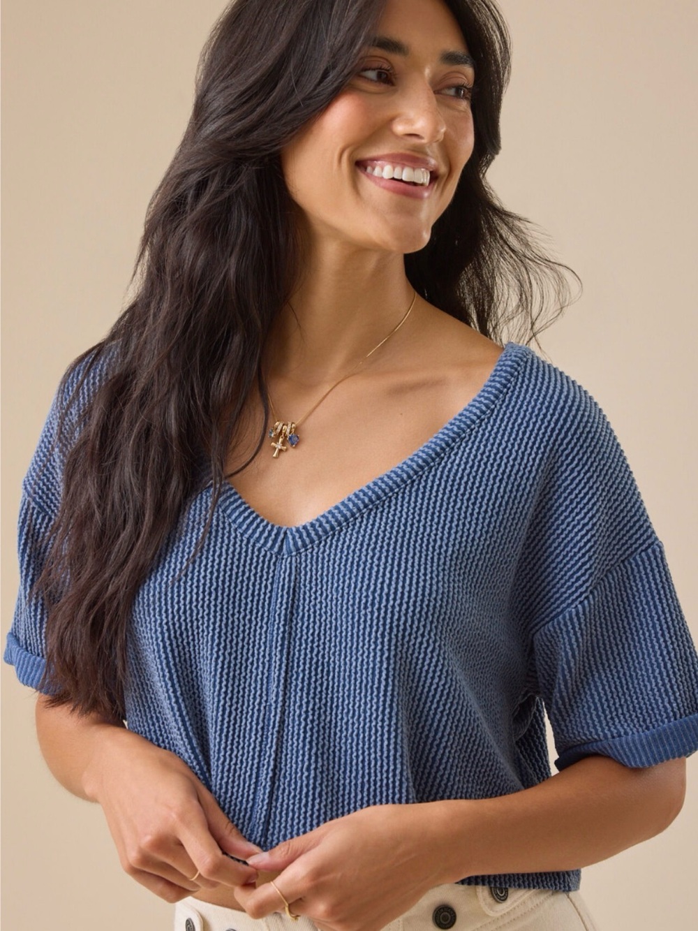 Altar'd State Textured V-Neck Sweater in Dusty Blue